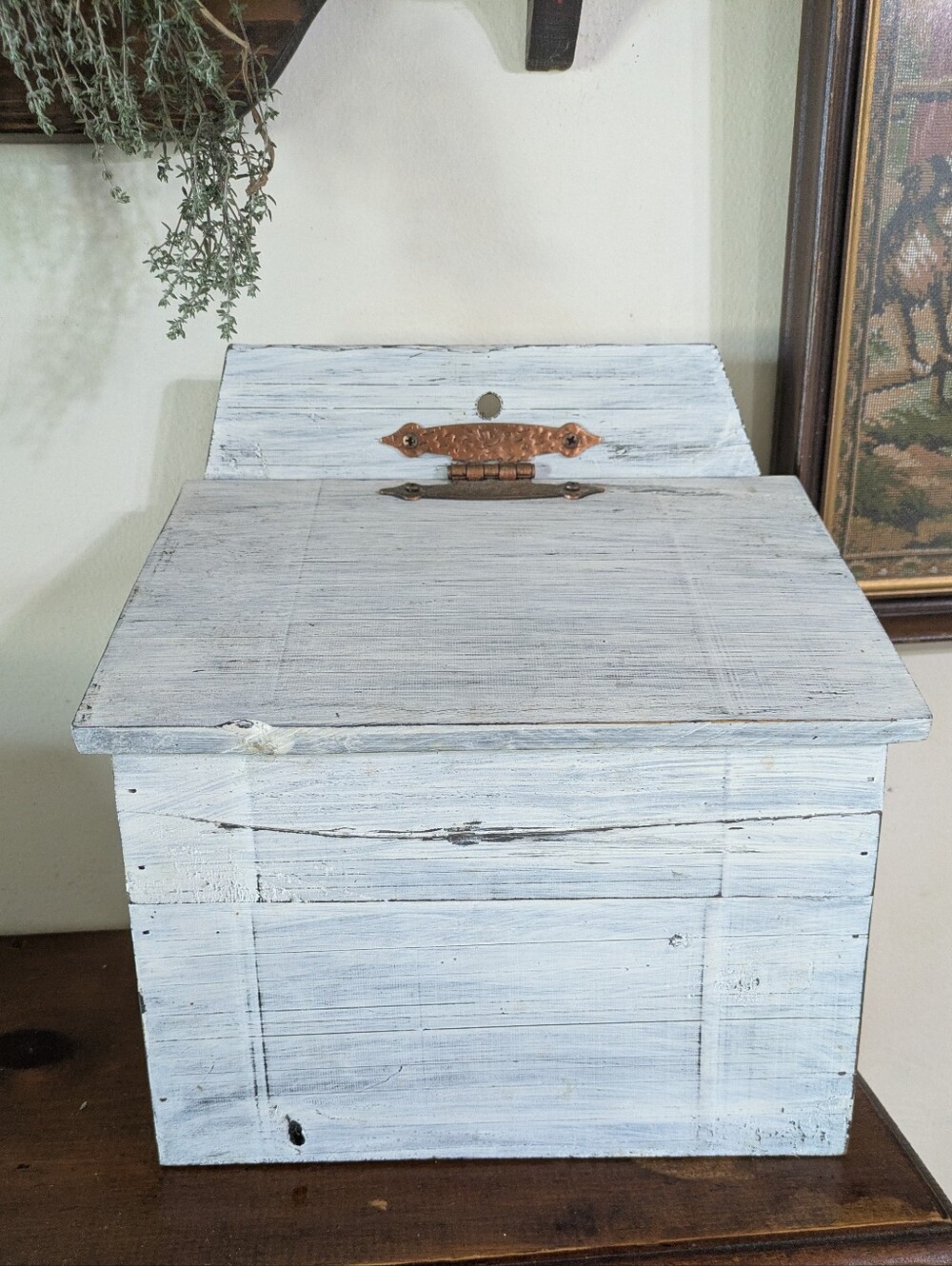 Vintage Primitive Whitewashed Wooden Storage Box Lidded Chest Carved Hole Under